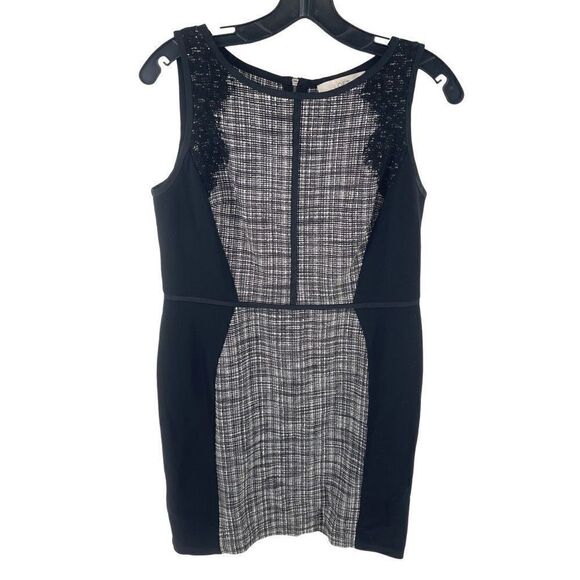 LOFT Women's Sheath Dress Tweed Lace Mini Sleeveless Zip Back Black Size 8P - Picture 1 of 10